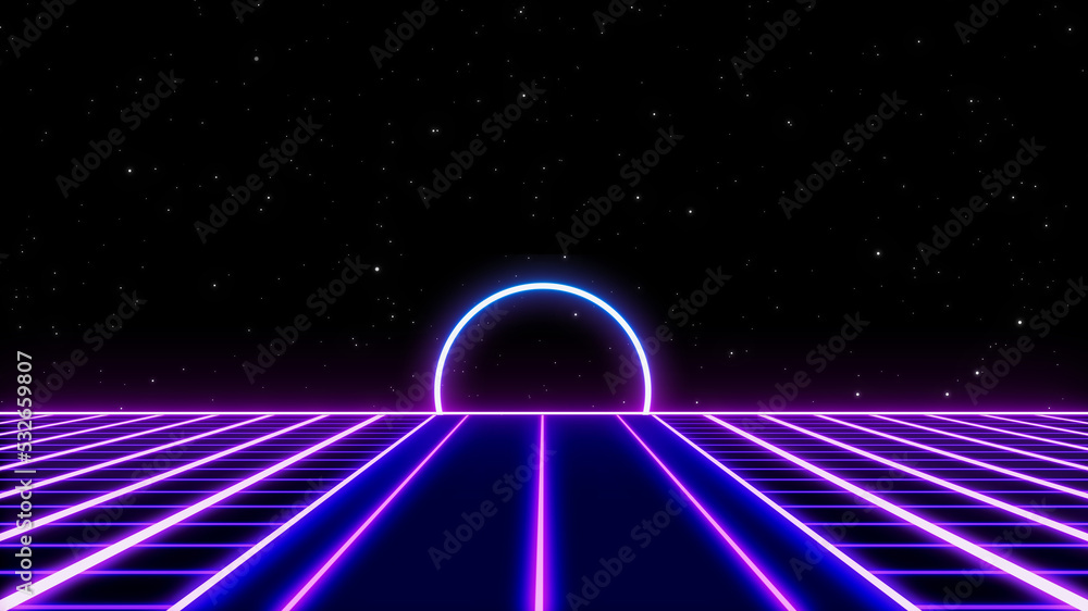 Retro style 90s video game background. Futuristic Grid landscape of the 80s. Digital Cyber Surface. Suitable for design in the style of the 1990s. 3D illustration