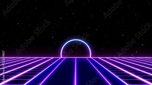 Retro style 90s video game background. Futuristic Grid landscape of the 80s. Digital Cyber Surface. Suitable for design in the style of the 1990s. 3D illustration