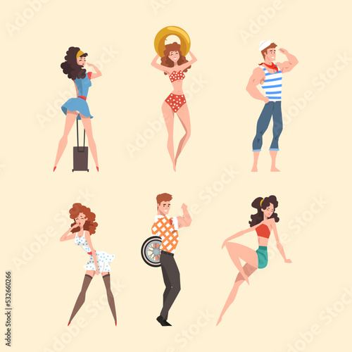 Beautiful pin up girls and guys wearing stylish clothes of 1950s cartoon vector illustration