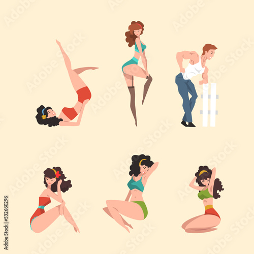 Beautiful pin up girls and guy models wearing stylish clothes of 1950s vector illustration