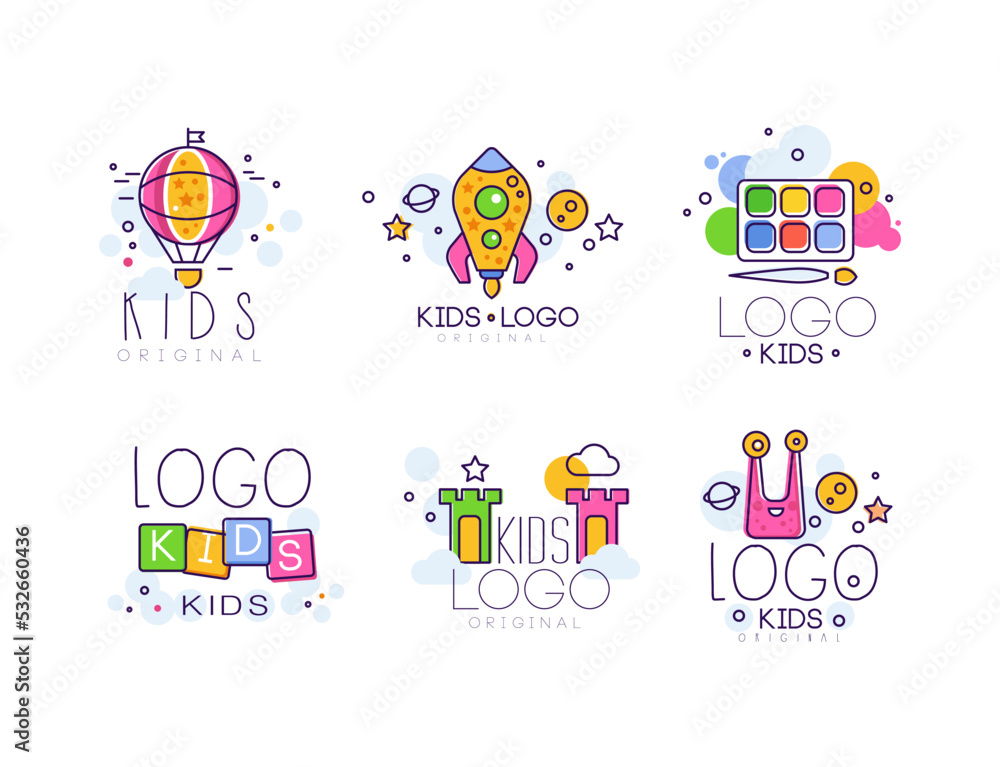 Fototapeta premium Cute kids creative logo design set. Art class, creative studio, kids center hand drawn vector Illustration isolated on white vector illustration