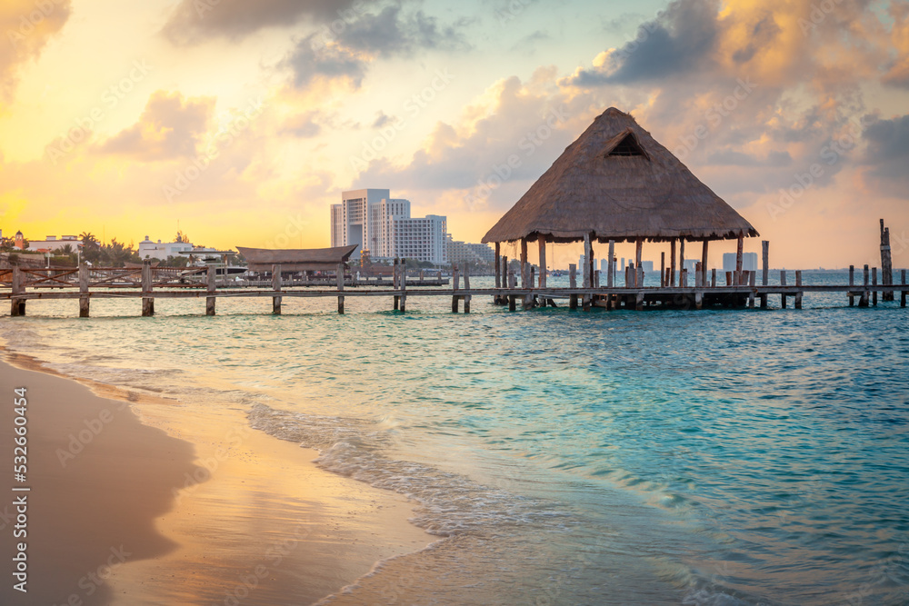 Cancun idyllic caribbean beach and gazebo Palapa at sunset, Riviera Maya, Mexico Cancun idyllic caribbean beach and gazebo Palapa at sunset, Riviera Maya, Mexico