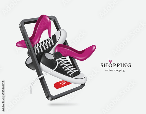 Purple high heels and black sneakers floated out of the smartphone screen,vector 3d isolated on white background for delivery and online shopping advertising concept design