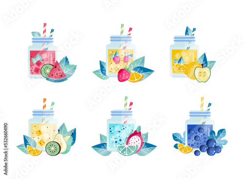 Set of smoothie in glass jars with straws. Healthy superfood with watermelon  kiwi  pear  strawberry  blueberry fruit and berries flat vector illustration