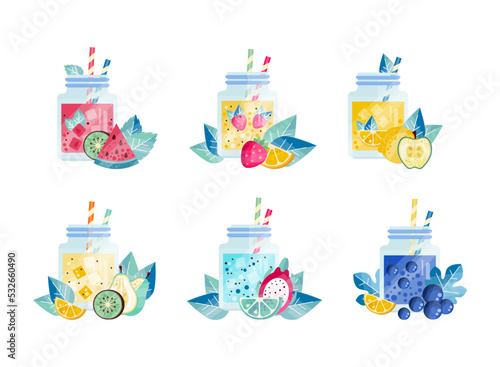 Set of smoothie in glass jars with straws. Healthy superfood with watermelon, kiwi, pear, strawberry, blueberry fruit and berries flat vector illustration