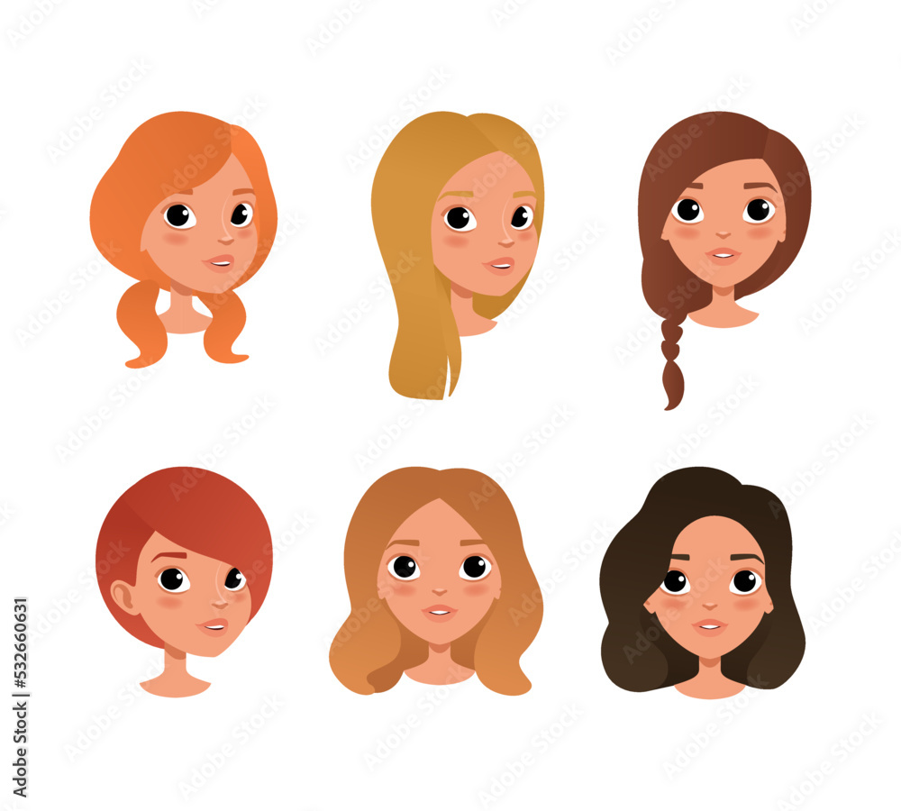 Cute girls heads with different hair color and haircuts set cartoon vector illustration Cute girls heads with different hair color and haircuts set cartoon vector illustration