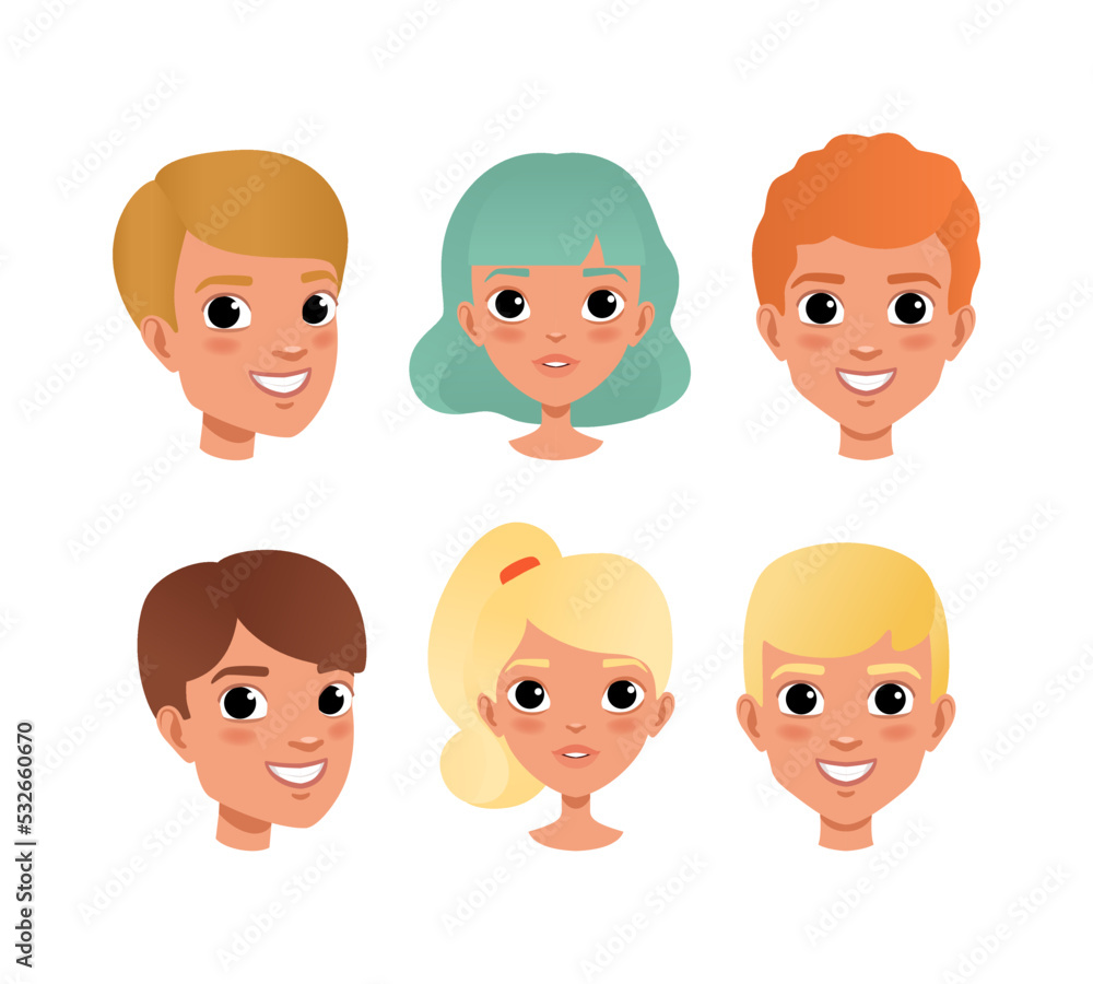 Cute teenage boys and girls heads, view from different angles set cartoon vector illustration Cute teenage boys and girls heads, view from different angles set cartoon vector illustration