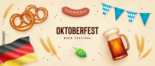 Set of realistic elements for Oktoberfest beer festival design isolated on beige background. Vector illustration of beer mug, pretzel, sausage, hops and german flag