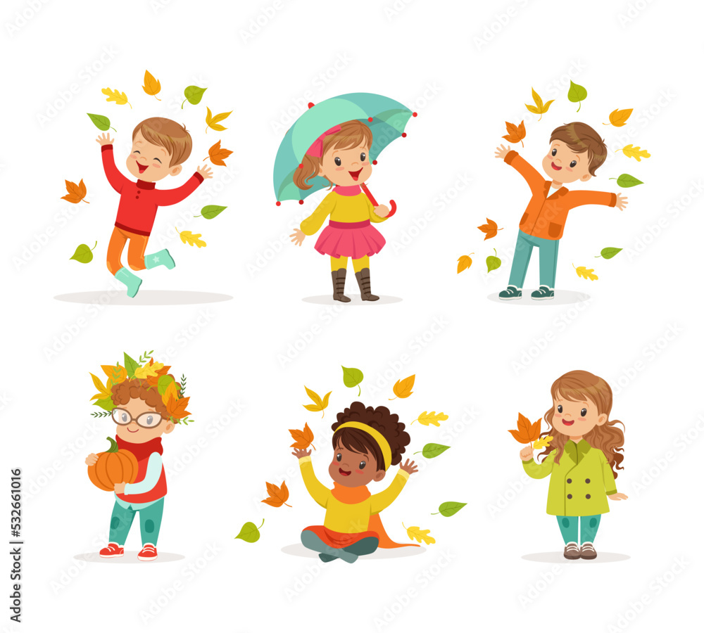 Cute kids in warm clothes walking outdoors in autumn season. Girl and boys standing under umbrella, throwing leaves cartoon vector illustration Cute kids in warm clothes walking outdoors in autumn season. Girl and boys standing under umbrella, throwing leaves cartoon vector illustration