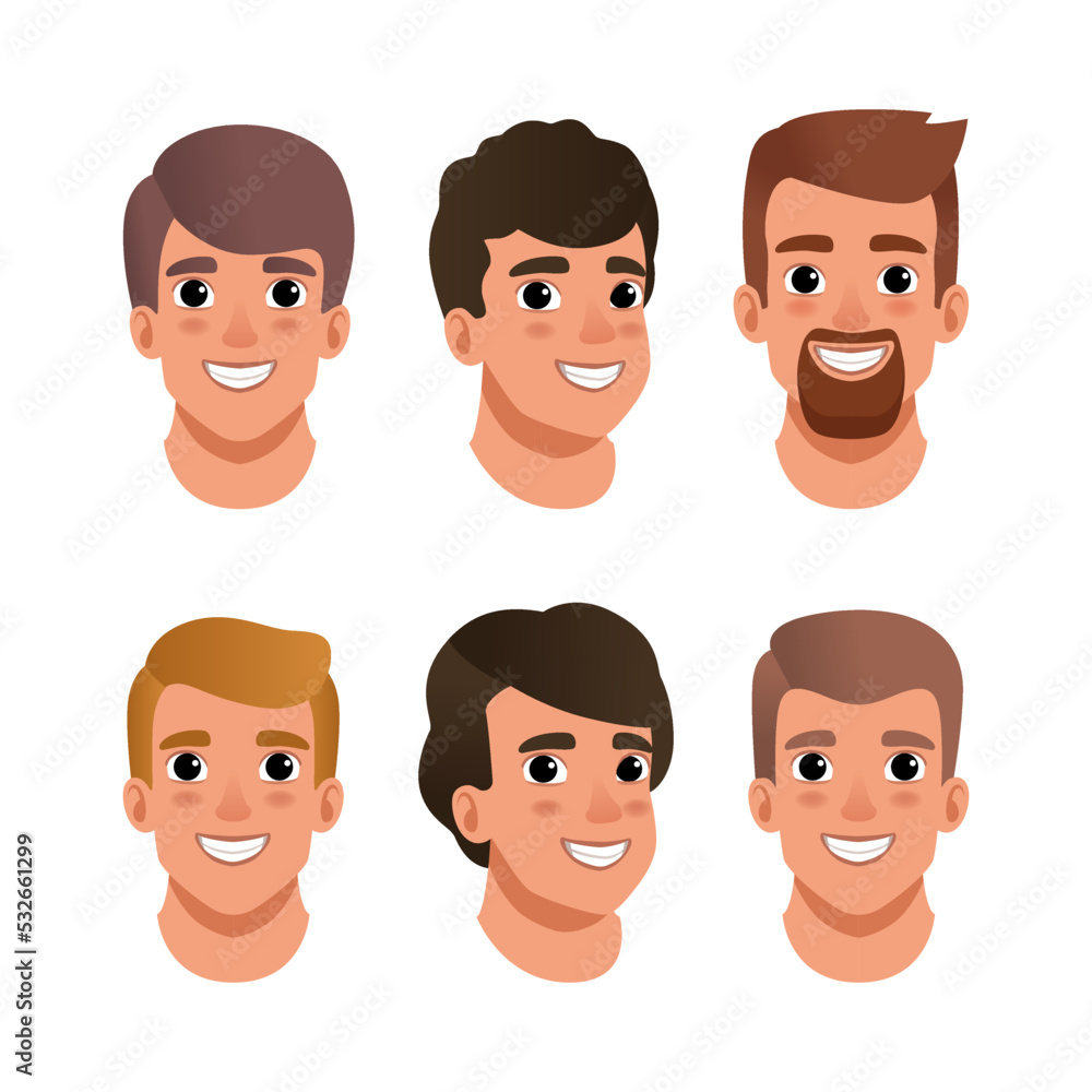 Cheerful male heads set. Smiling young men faces cartoon vector illustration Cheerful male heads set. Smiling young men faces cartoon vector illustration