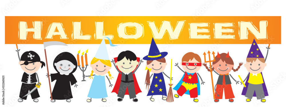 Group of children in carnival mask with banner with text Halloween, boys and girls, in a row. Vector illustration for download.