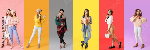 Set of stylish women in autumn clothes on colorful background