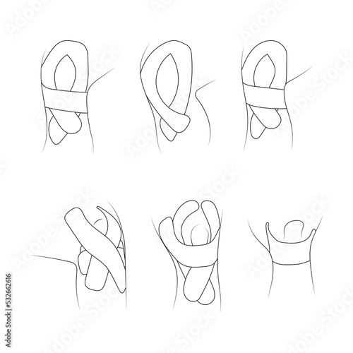 Kinesiology therapeutic sports tape on knee set sketch vector illustration.