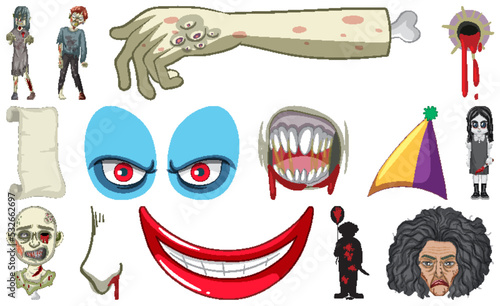 Set of horror halloween objects and cartoon characters