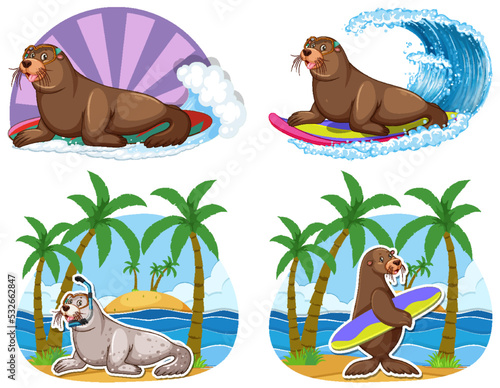 Set of different sea lions cartoon characters