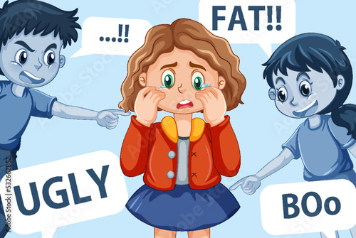 Sad girl surrounded by bullying words
