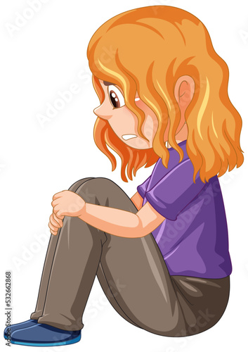 Side view of sad girl sitting carton character