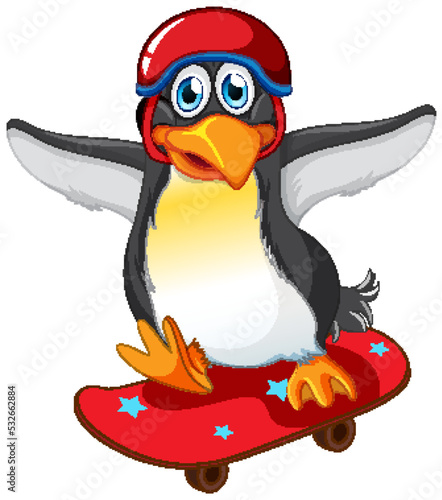Cute penguin cartoon character skateboarding