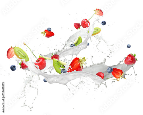 Splashes of sweet milk shake wit flying fresh fruits on white background