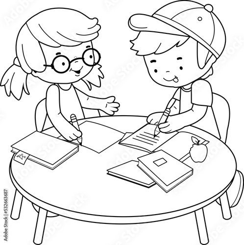 School children sitting at a desk at school doing their homework. Vector black and white coloring page.