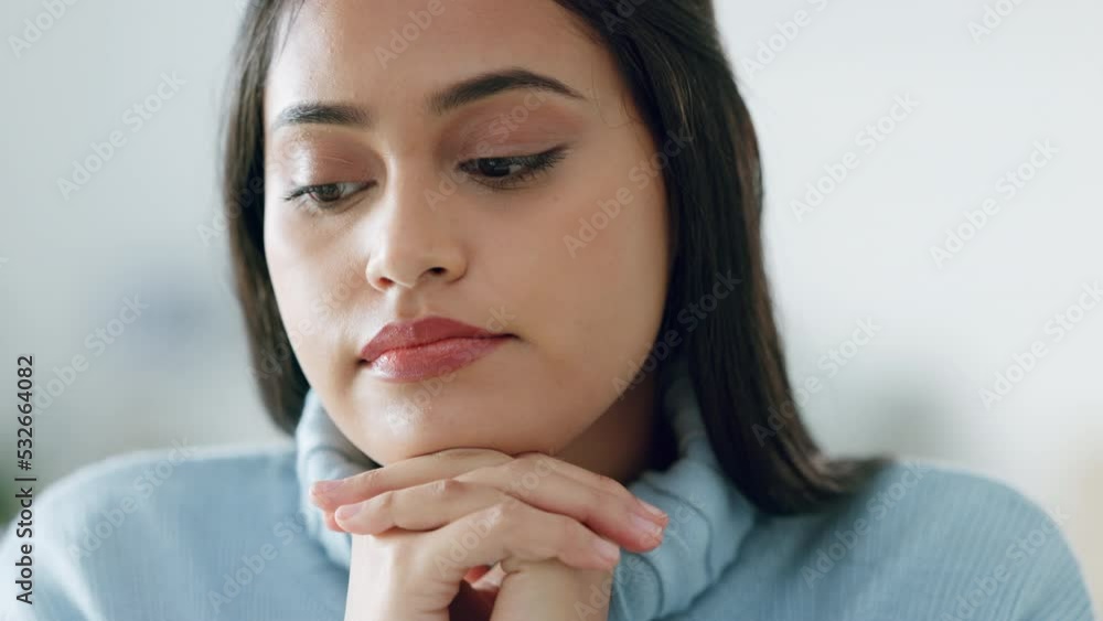 Sad, depression and thinking woman with mental health burnout in house, home or therapy counseling wellness room. Zoom, face and hands of person with stress, anxiety and psychology crisis in lockdown Sad, depression and thinking woman with mental health burnout in house, home or therapy counseling wellness room. Zoom, face and hands of person with stress, anxiety and psychology crisis in lockdown