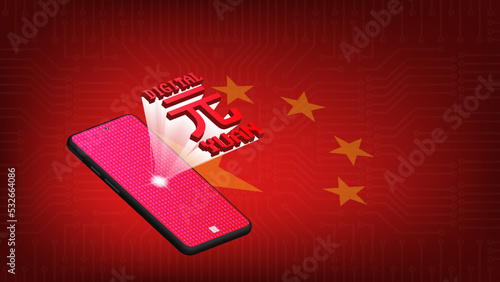 Vector 3d technologic banner. A smartphone with a luminous volumetric inscription digital yuan on the background of a red computer scheme with stars. The character in Chinese means yuan