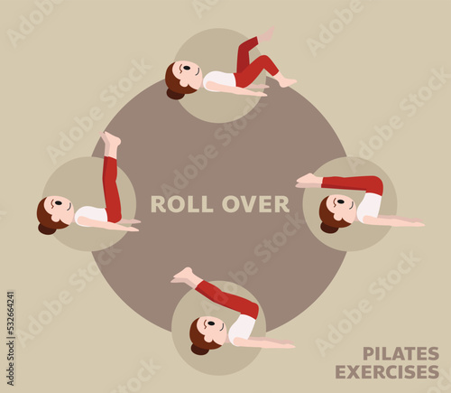 Pilates Moves Exercises Roll Over Cute Cartoon Vector Illustration