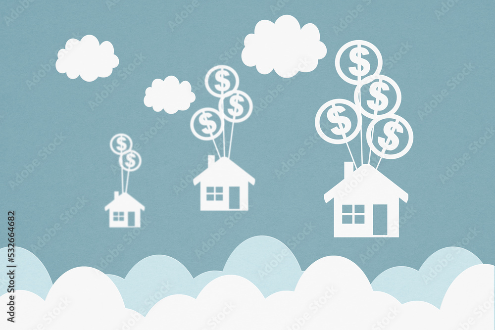 house paper cut, hanging on dollar sign balloons , over grunge blue sky background and clouds for business or real estate concept house paper cut, hanging on dollar sign balloons , over grunge blue sky background and clouds for business or real estate concept
