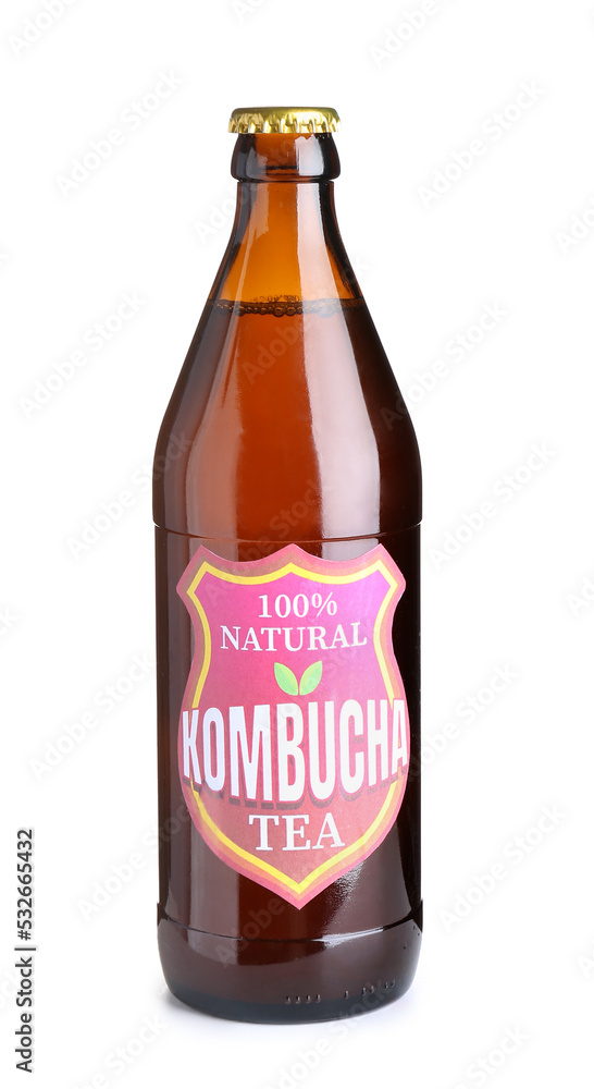 Bottle of natural kombucha tea on white background Bottle of natural kombucha tea on white background