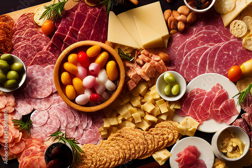 Quadro su tela Food charcuterie board with meats and cheeses, food photography and illustration