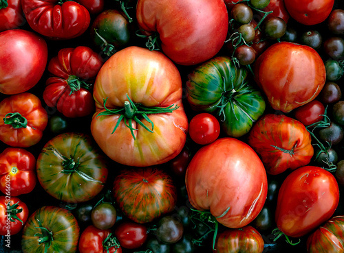 Multicolored tomatoes of different sizes and types, top view, horizontal composition.Fresh, raw and colorful tomatoes of different sizes and types.Slightly cracked tomatoes from ripeness and juiciness
