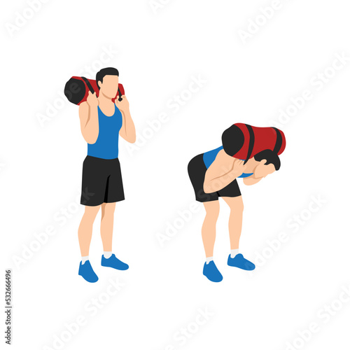 Man doing Power bag or sandbag good morning exercise for backside workout. Flat vector illustration isolated on white background