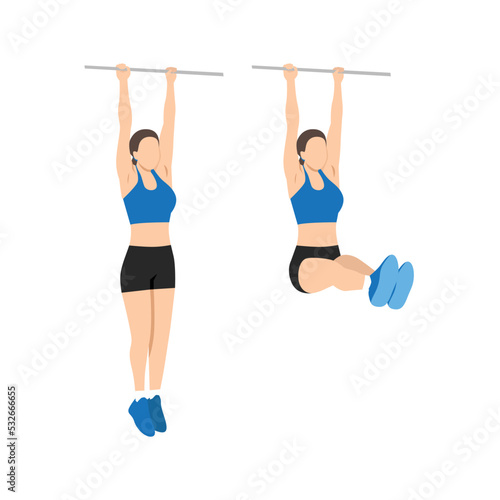 Woman doing hanging leg raises to bar flat vector illustration. Abdominals exercise isolated on white background