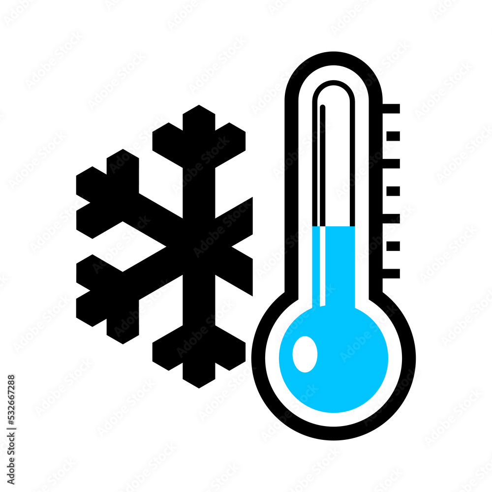 Low temperature icon. Vector illustration of snowflake and blue thermometer. Caution symbol isolated on background. Winter concept. Warning symbol. Very cold and freezing. Low temperature icon. Vector illustration of snowflake and blue thermometer. Caution symbol isolated on background. Winter concept. Warning symbol. Very cold and freezing.