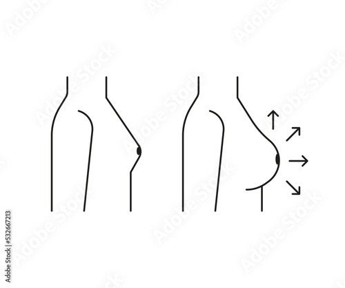 Woman breast increase in size and reshape, line icon. Different shape and size. Breast augmentation. Small and full breast side view. Vector outline illustration