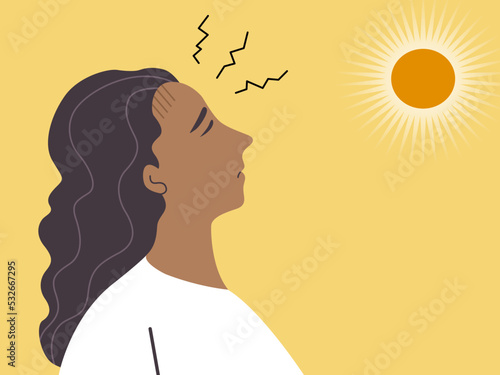 A woman standing under sun light on hot weather and having headache, sunstroke concept. flat vector illustration.