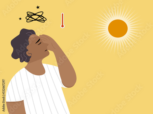 A man standing under sun light on hot weather and having headache, breathless, dizzy and chest pain. sunstroke concept. flat vector illustration.