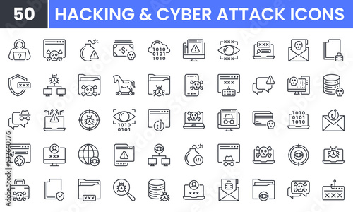 Hacking and Cyber Attack vector line icon set. Contains linear outline icons like Virus, Fraud, Malware Bug, Threat, Theft, Data Phishing, Hacker, Criminal, Thief. Editable use and stroke for web. photo