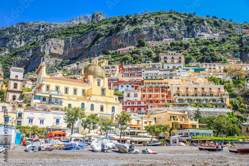 Positano cityscape bay at sunset, Amalfi coast of Italy, Southern Europe