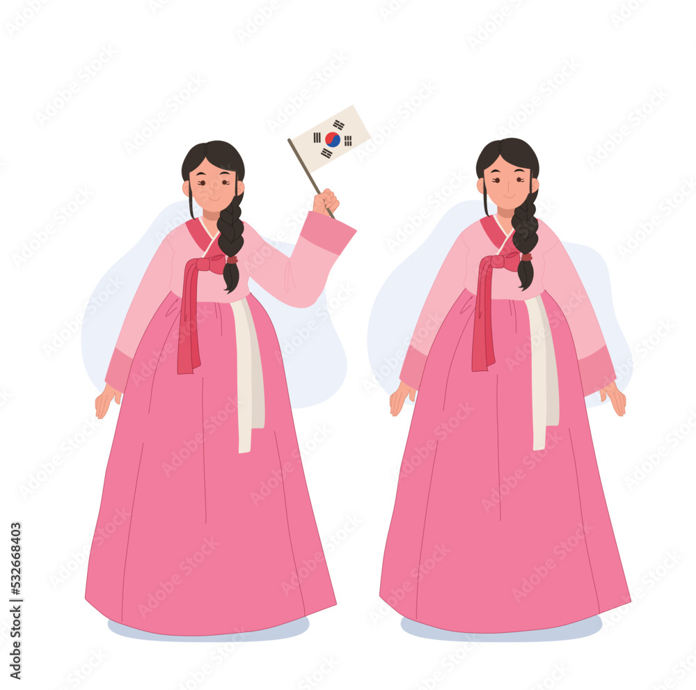 South Korean woman in traditional dress, HANBOK. South Korean woman holding South Korean flag. Vector illustration. South Korean woman in traditional dress, HANBOK. South Korean woman holding South Korean flag. Vector illustration.
