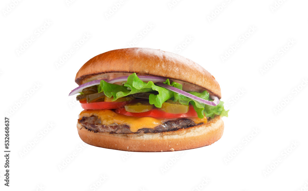 Perfect hamburger classic burger american cheeseburger with cheese, bacon, tomato. Transparent. Perfect hamburger classic burger american cheeseburger with cheese, bacon, tomato. Transparent.