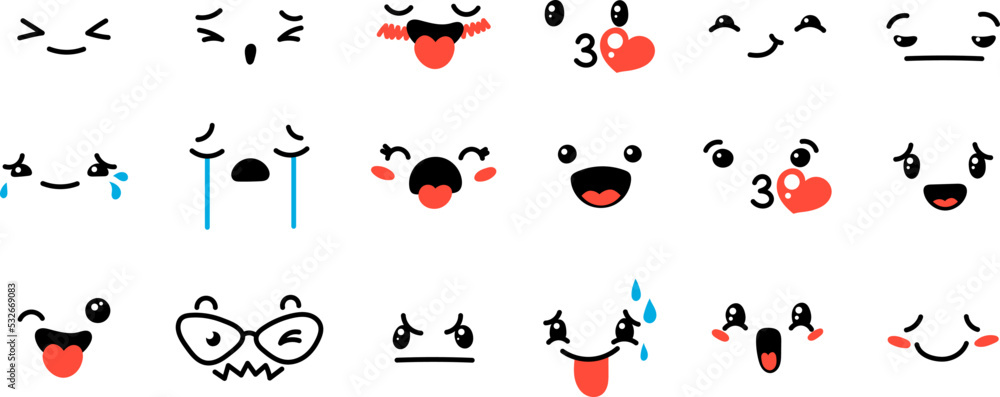 Various Cartoon Emoticons Set. Doodle faces, eyes and mouth. Caricature comic expressive emotions, smiling, crying and surprised character face expressions Various Cartoon Emoticons Set. Doodle faces, eyes and mouth. Caricature comic expressive emotions, smiling, crying and surprised character face expressions