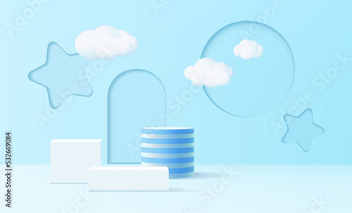 3d podium on blue background abstract geometric shapes with clouds, modern minimalist mock up for kids product display, podium display or showcase
