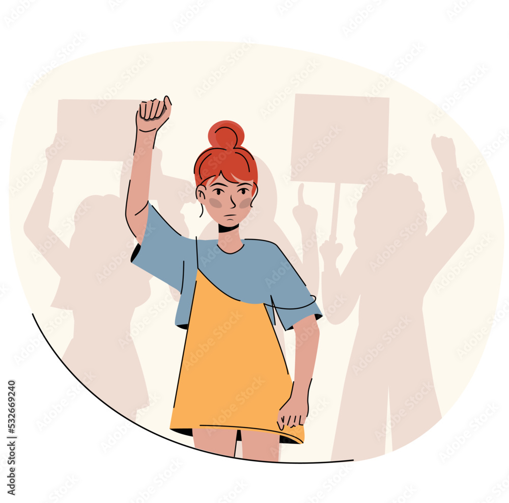Woman Rioting Drawing Feminism. girl power. angry woman raised her hands and protests. girl ...