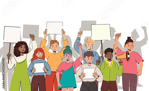 Crowd of different people at the demonstration. Angry dissatisfied man and woman are protesting with megaphone and placards with banners. Protesting aggressive man at a political rally, parade, rally