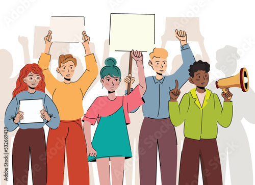 Crowd of different people at the demonstration. Angry dissatisfied man and woman are protesting with megaphone and placards with banners. Protesting aggressive man at a political rally, parade, rally
