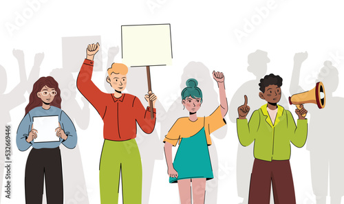 Crowd of different people at the demonstration. Angry dissatisfied man and woman are protesting with megaphone and placards with banners. Protesting aggressive man at a political rally, parade, rally