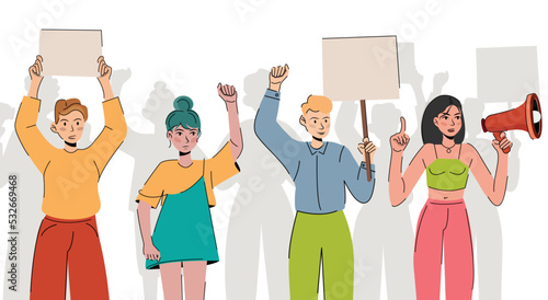 Crowd of different people at the demonstration. Angry dissatisfied man and woman are protesting with megaphone and placards with banners. Protesting aggressive man at a political rally, parade, rally