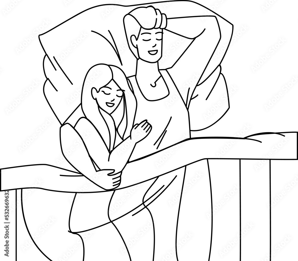 couple sleeping line pencil drawing vector. bed man, woman happy, bedroom young, family