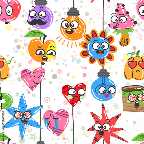 Seamless pattern of Various Cartoon Elements with Emoticons. Doodle faces, eyes and mouth. Caricature comic expressive emotions, smiling, crying and surprised character face expressions